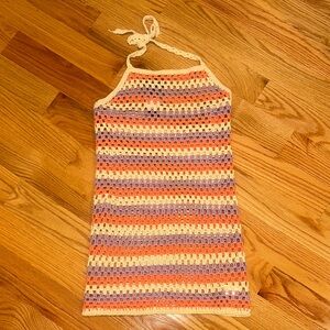Beach cover up Crochet Halter Dress in pink Cream, and Purple